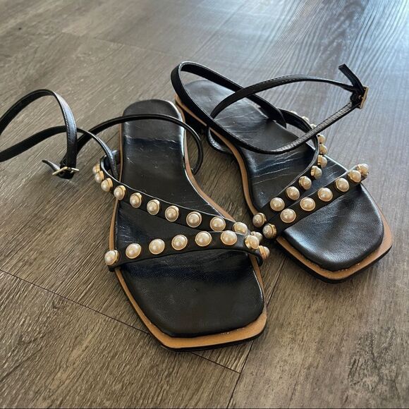 ZARA PEARL STUDDED + STRAPPY FLAT SANDALS US 6 - Picture 3 of 7